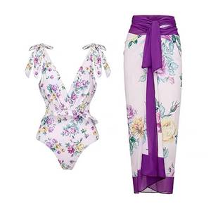 lot 1688 image: IDOPIP One Piece Swimsuit with Beach Skirts for Women Retro Floral Printed Swimsuit Bathing Suit Summer Ruffle V-Neck Monokini Two Piece Swimsuit Bikini Beach Swimwear Cover Up Set Purple Floral M