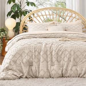 lot 1691 image: Bedsure Queen Comforter Set - Beige Comforter, Boho Tufted Shabby Chic Bedding Comforter Set, 3 Pieces Vintage Farmhouse Bed Set for All Seasons, Fluffy Soft Bedding Set with 2 Pillow Shams