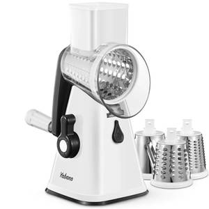 lot 1693 image: Yabano Rotary Cheese Grater, Cheese Shredder with Handle, Vegetable Slicer for Kitchen, 3 Replaceable Stainless Steel Drum Blades, Easy To Use & Clean, Powerful Suction Base (White)