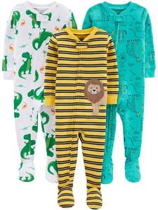 lot 1700 image: Simple Joys by Carters Baby Boys 3-Pack Snug Fit Footed Cotton Pajamas, DinosaurDouble StripeForest Animals, 6-9 Months