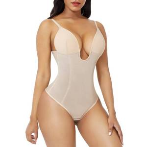 lot 1702 image: FeelinGirl Thong Shapewear with Bra Tummy Control Body Shaper Waist Trainer for Women U Plunge Slimming Bodysuit Beige XXL