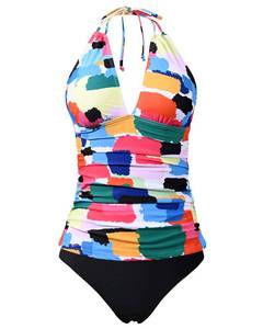 lot 1706 image: Yonique Womens Two Piece Swimsuits Tummy Control Tankini Plus Size Bathing Suit Halter V Neck Swimwear Color Block L