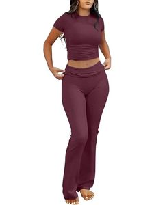 lot 1707 image: ANRABESS 2 Piece Sets for Women Lounge Loungewear Sets Foldover Yoga Flare Leggings Pants and Cropped Tops Casual Y2K Outfits Burgundy Large