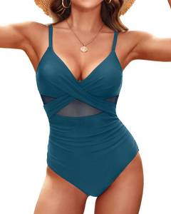 lot 1713 image: Tempt Me Blue Green Women One Piece Bathing Suits Tummy Control Swimsuits Cutout Mesh Front Cross Swimwear M