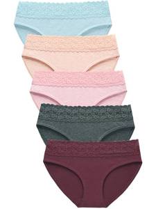 lot 1715 image: AYMEFF Cotton Underwear for Women Lace Bikini Panties Soft Stretch Hipster Breathable Briefs 5-Pack Medium