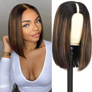 lot 1717 image: haha Brown Highlight V Part Bob Wig Human Hair U Part Ombre Bob Wig Upgrade Thin V Part Wig Straight Short Bob Wig For Women Black Honey Blonde 12 Inch 150% Density No Glue No Lace Clips In