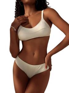 lot 1719 image: SOLY HUX Womens 2 Pcs Knot Tie Back Bikini Set Scoop Neck Swimwear Textured Bathing Suits Yellow S