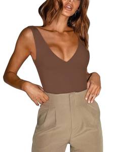 lot 1742 image: REORIA Womens Summer Sexy Plunge Deep V Neck Sleeveless Double Lined One Piece Tank Tops Thong Bodysuits Leotards for Going Out Coffee Medium