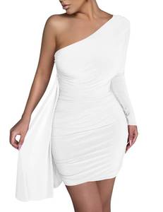 lot 1747 image: HOCILLE Womens Sexy Long Sleeve One Shoulder Bodycon Cocktail Ruched Mini Club Party Dress, Small, White