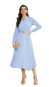 lot 1758 image: AbleTree Business Casual Shirt Dress for Women Long Sleeves Pleated Midi Dresses with Belt Sky Blue Medium