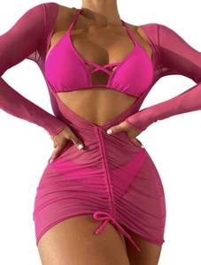 lot 1761 image: SherryDC Womens Sexy 3 Piece Swimsuits Halter Triangle Bikini Sets with Long Sleeve Cover Up Drawstring Bathing Suit Rose Red Large