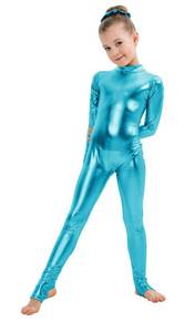 lot 1768 image: Kepblom Girls Shiny Metallic Mock Neck Unitard Long Sleeve Zipper Back One Piece Bodysuit Costume Large