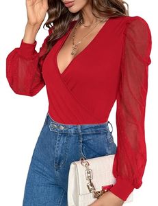 lot 1772 image: Fayenne Sexy Tops for Women Deep V Neck Cross Wrap Going Out Tops Date Night Outfits Mesh Polka Dot Long Sleeve T Shirt Red Large
