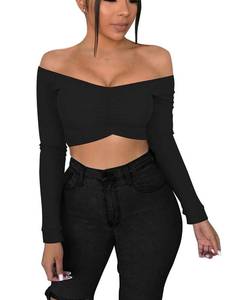 lot 1774 image: Cuihur Womens Sexy Off Shoulder Long Sleeve Crop Tops Stretchy Tube Top Summer Blouse A-White L