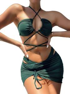 lot 1778 image: MakeMeChic Womens 3 Piece Swimsuit Criss Cross Halter Bikini Set Bathing Suit and Drawstring Beach Skirt C Green S