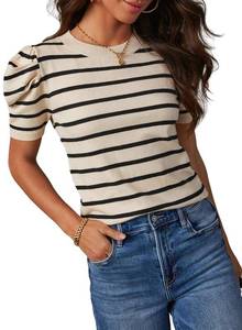 lot 1802 image: Dokotoo Knit Tops for Women 2024 Trendy Crewneck Casual Black Striped Tops Puff Sleeve Slim Fit Summer Blouses Color Block T Shirts Business Outfits Small