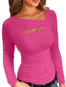 lot 1804 image: VICHYIE Womens Fashion Fall Clothes One Piece Cutout Tops Long Sleeve Ribbed Slim Fitted Shirts Pullover Tee Tshirts Hot Pink S