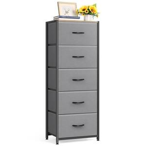 lot 1810 image: MOOACE 5 Drawer Dresser for Bedroom, Tall Fabric Storage Drawers, Tower Organizer Unit Chest of Drawers with Wooden Top for Closets Living Room Hallway Entryway, Metal Frame, Grey