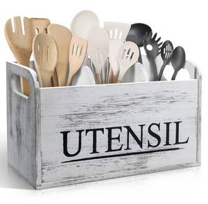 lot 1813 image: brekle White Kitchen Utensil Holder Rustic Large Wooden Utensil Organizer Cooking Tools Storage