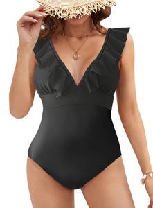 lot 1817 image: SPORLIKE Women One Piece Swimsuit V-Neck Ruffle Bathing Suit Padded Monokini(Black-22010,Large)