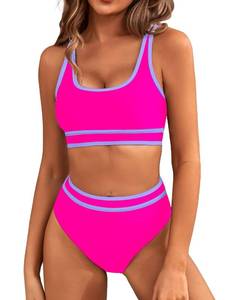 lot 1820 image: BMJL Womens High Waisted Bikini Sets Sporty Two Piece Swimsuits Color Block Cheeky High Cut Bathing Suits(S,Hot Pink)