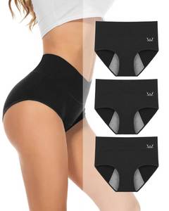 lot 1829 image: PULIOU Period Underwear for Women Heavy Flow High Waisted Menstrual Panties Teens Cotton Postpartum Hipster 3 Pack Black