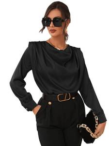 lot 1838 image: SOLY HUX Womens Silk Satin Cowl Neck Shoulder Pads Long Sleeve Blouse Tops Plain Black L