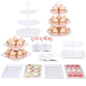 lot 1842 image: NWK Pack of 10 Cake Stand, Cupcake Stand, with 2x Large 2-Tier Cupcake Stands, 2x Large 3-Tier Cupcake Stands, 4 x Appetizer Trays, 2 x Cake Pop Stands, for Birthday Baby Shower Party Decorations