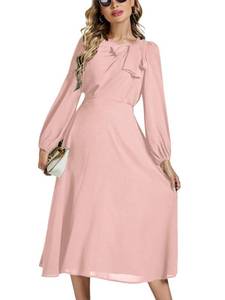 lot 1846 image: LYANER Womens Elegant Bow Tie Crew Neck Puff Long Sleeve A-Line Swing Midi Dress Dusty Pink XSmall