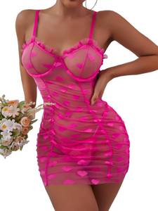 lot 1858 image: SOLY HUX Womens Sexy Heart Mesh See Through Lingerie Babydoll Sleepwear Sleeveless Ruffle Chemise Nightgown with Thong Solid Hot Pink M