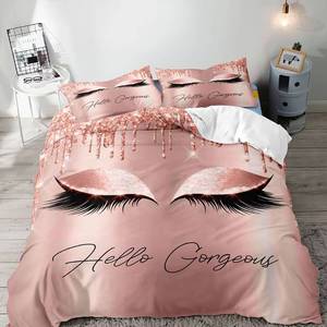 lot 1866 image: VIVIHOME 2PCS Hello Gorgeous Twin Duvet Cover Set, Luxury Rose Gold Glitter Bling Eyelash Makeup Glam Girly Fashion Bedding Set, Comforter Cover, Pink Bedroom Decor for Women Teen Girls, 1 Pillowcase
