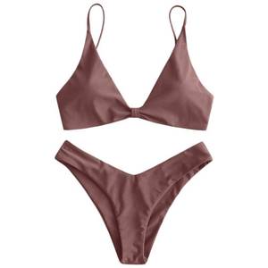 lot 1874 image: ZAFUL Womens Tie Knot Front Spaghetti Strap High Cut Bikini Set Swimsuit (1-Coffee, M)