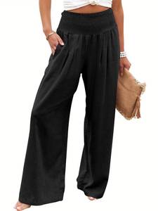 lot 1881 image: ANRABESS Women Linen Palazzo Pants Summer Boho Wide Leg High Waist Casual Lounge Pant 2024 Beach Travel Vacation Outfits Black XX-Large