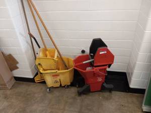 lot 5352 image: (2) Commercial Mop Buckets With 3 Mop Handles