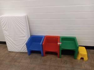 lot 5356 image: (3) Dual Height Kids Plastic Chairs (2 Step Stools And (2) Mattresses