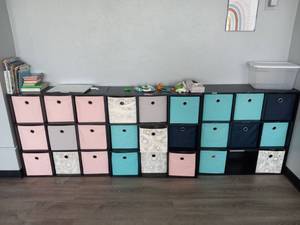 lot 5360 image: (3) 9 Cube Storage Cubbies With Contents