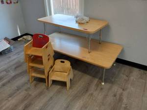 lot 5392 image: (2) Childrens Desks (4) Chairs and A Storage Cabinet