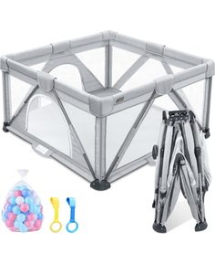 lot 18395 image: ANGELBLISS Baby Playpen, Foldable Playpen for Babies and Toddlers, Indoor &amp Outdoor Baby Activity Center with Visible Breathable Mesh, Portable Play Yard with 2 Handlers50 Balls-50 x 50 - Grey