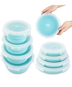 lot 19197 image: 4Pcs Collapsible Silicone Food Storage Containers, Foldable Lunch Containers with Airtight Plastic Lids Collapsible Round Bowls, Freezer Dishwasher Safe, BPA Free