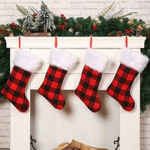 lot 19590 image: Sattiyrch Buffalo Plaid Christmas Stockings 18in,4 Pack Red and Black Check Stockings with Faux Fur Cuff for Xmas Holiday Decorations