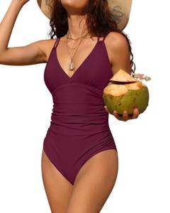 lot 19603 image: Charmo Tummy Control One Piece Swimsuits for Women Ruched Bathing Suits Criss Cross Strappy Monokini Burgundy Large