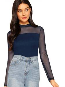 lot 19610 image: SweatyRocks Womens Mock Neck Long Sleeve Mesh Insert Elegant Blouse Tops Dark Blue L