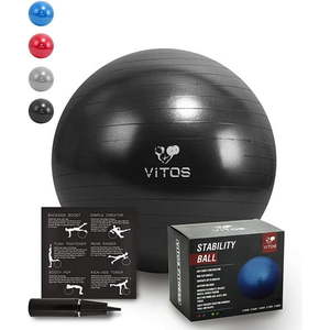 lot 19089 image: Vitos Fitness Anti Burst Stability Ball Extra Thick Non Slip Supports 2200LB for Fitness Exercise Birth Balance Yoga Workout Guide & Quick Pump Included Professional Quality Design (Black 75 cm)