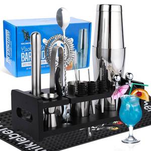 lot 19576 image: Nikleberry Premium Cocktail Shaker Set with Weighted Boston Shaker and Stand  Bartender Kit with Large Spill Catching Bar Mat - Recipe Book - Perfect for Mixology - Missing Some Accessories