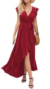 lot 19583 image: GRECERELLE Womens Summer Casual Cross V Neck Dress Bohemian Flowy Long Maxi Dress Wine Red-X-Large