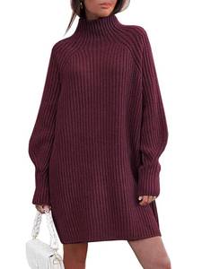 lot 19585 image: LILLUSORY Mock Neck Sweater Dress for Women Long Lantern Sleeve Oversized 2024 Fall Trendy Dress Ribbed Knit Sweater Wine Red - Small