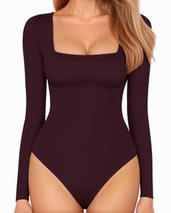 lot 19671 image: MANGOPOP Womens Bodysuit Square Neck Long Sleeve Slim Fitted Tops (Burgundy, Large)