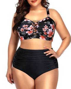 lot 19677 image: Daci Women Black and Flower Plus Size Two Piece Bikini Swimsuit High Waisted Tummy Control Bottom Bandeau Lace Up Bathing Suit 16W