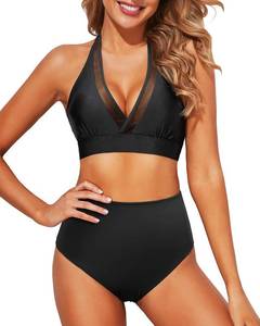lot 19680 image: Tempt Me Women Black Two Piece High Waisted Bikini Set Mesh Swimsuits Push Up Halter Tummy Control Bottoms Bathing Suits S