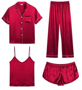 lot 19681 image: SWOMOG Womens Silk Satin Pajamas Sets 4pcs Sleepwear Sexy Cami Shorts Set and Button Down Short Sleeve Pjs Loungewear Red Medium